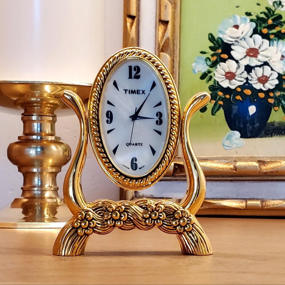Vintage Miniature Timex Oval Ornate Brass Pedestal Clock, Quartz Face, EUC